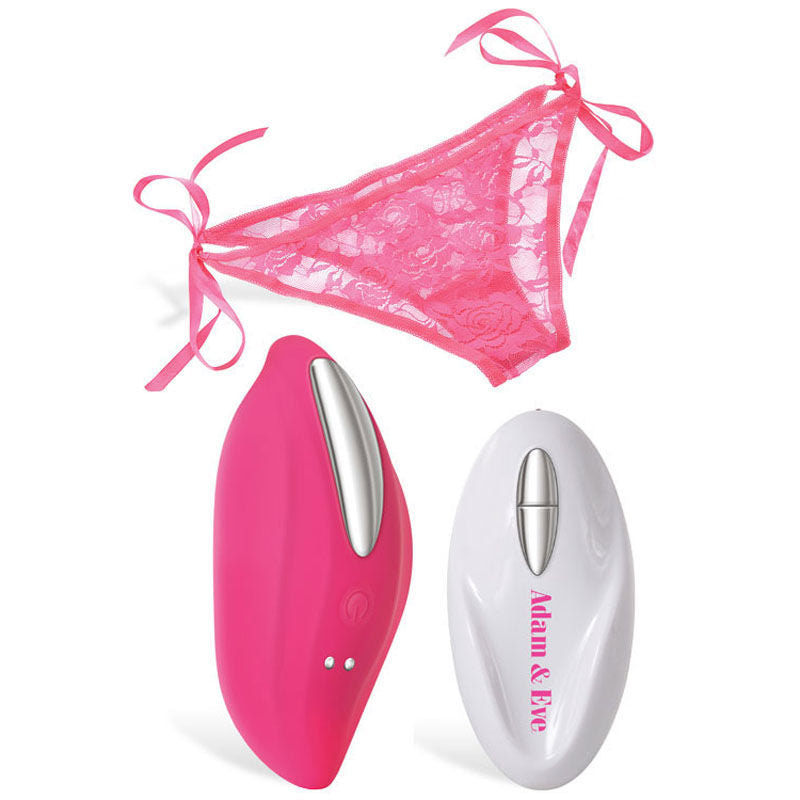 Top view of Adam & Eve Eve Vibrating Panties with undies, vibrator, and remote | Flirty Bay, vibrating underwear, sexual massager.